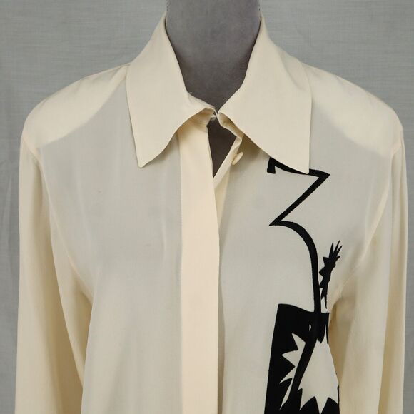 Laurel Escada Top Womens 6 Ivory Silk Blouse Embroidered Shoulder Pads Vintage - Picture 16 of 16